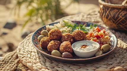 Middle Eastern falafel meal presented on a plate with hummus and olives.
