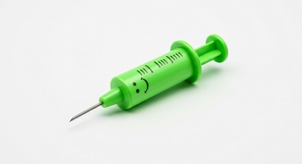 Fototapeta premium Smiling green syringe playfully rests on bright white background. AI Generated