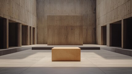 A minimalist concrete room with a large square pedestal in the center.