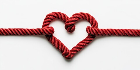 A red rope is twisted and tied in the shape of a heart. The rope is made of a red and white material. The heart is positioned in the middle of the rope, with the rope's ends extending outwards