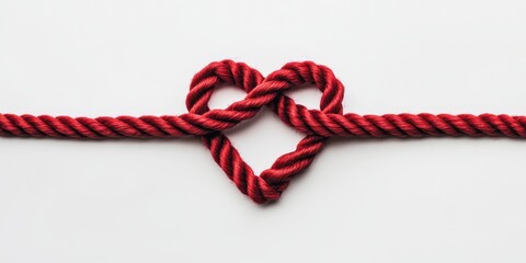 A red rope is tied in a knot to form a heart shape. The heart is made of rope and is red in color