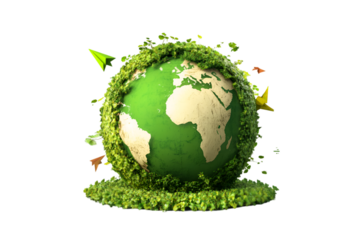 Green Earth Globe Surrounded by Lush Vegetation Paper Airplanes Flying Around