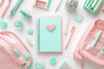 Pastel-toned stationery and school supplies arranged on a white surface.  A collection of notebooks, pens, pencils, erasers, and accessories in soft pink and mint green