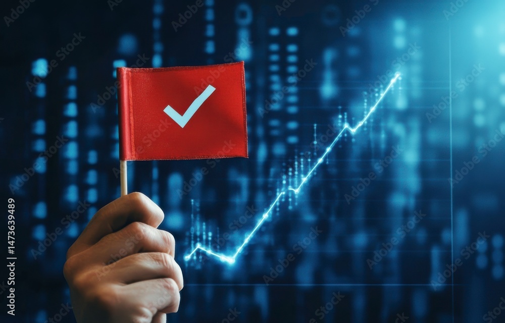 Poster a hand holding a red flag with a check mark on it. the flag is in front of a graph with a line going