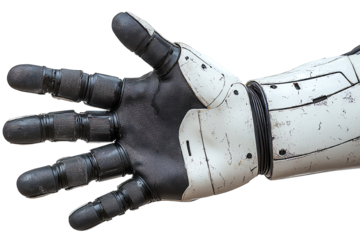 Futuristic robotic hand showcasing detailed mechanics and design, isolated on a white background.