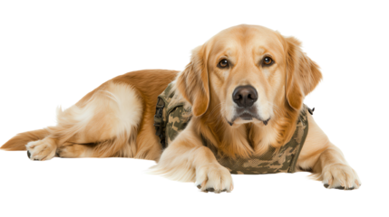 Golden retriever wearing a camouflage vest, posed elegantly on a white background.