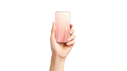 Hand holding modern smartphone with sleek pink design on white background.