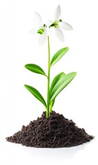 Snowdrop emerging from soil. A single snowdrop flower, pristine white, ascends from dark rich earth.  Healthy, vibrant green leaves flank the stem