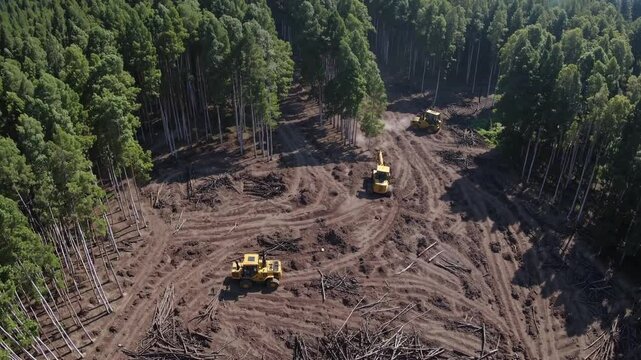 Powerful bulldozers systematically removing trees, transforming dense forest landscape into bare ground through large scale land clearing operations