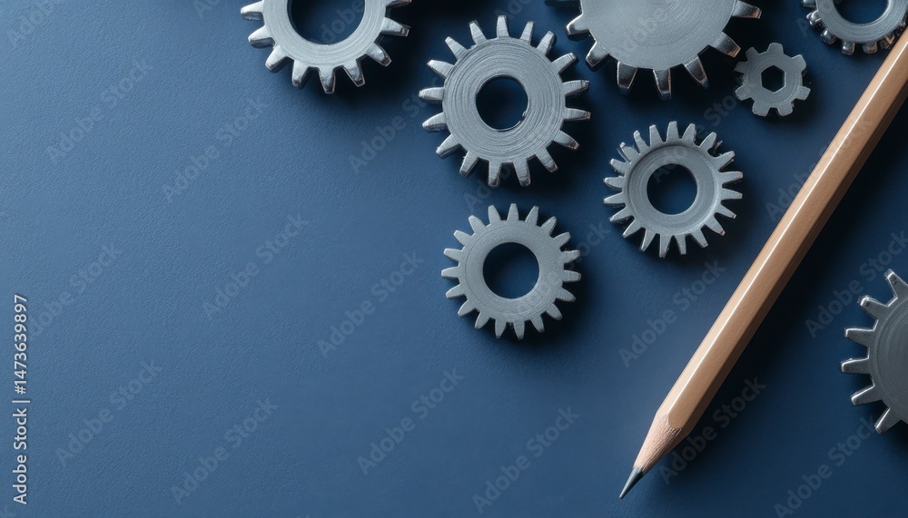 Poster a pencil is on top of a pile of gears. the gears are all different sizes and are arranged in a circl