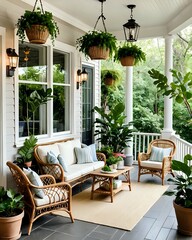 Bright and Elegant Front Porch with Rattan Furniture and Green Plants