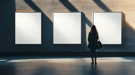 Fototapeta premium A woman stands in front of three white paintings. She is looking at them intently. The paintings are all empty, and the woman seems to be lost in thought. Scene is contemplative and introspective