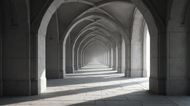 Ancient Gothic cathedral arches, an old European church interior with historic stone corridors and light-filled medieval columns