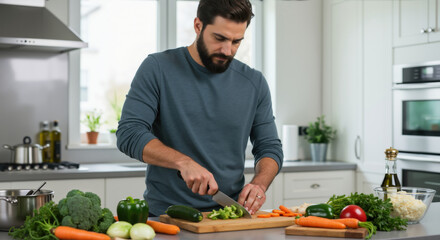 Man chopping fresh vegetables on wooden board in modern white kitchen with natural light. Healthy meal preparation for nutritious home cooking and balanced diet planning