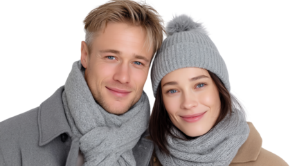 Happy couple wearing warm winter clothes, smiling together with a cozy, cheerful vibe.