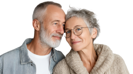 Happy older couple sharing a loving moment together, smiling and enjoying each other's company. White isolated background.