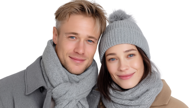 Happy couple wearing warm winter clothes, smiling together with a cozy, cheerful vibe.