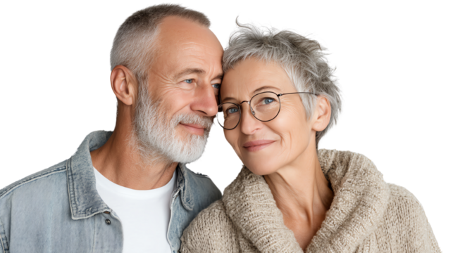 Happy older couple sharing a loving moment together, smiling and enjoying each other's company. White isolated background. - Powered by Adobe