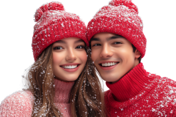 Joyful couple wearing red winter hats, smiling in a snow-filled setting.