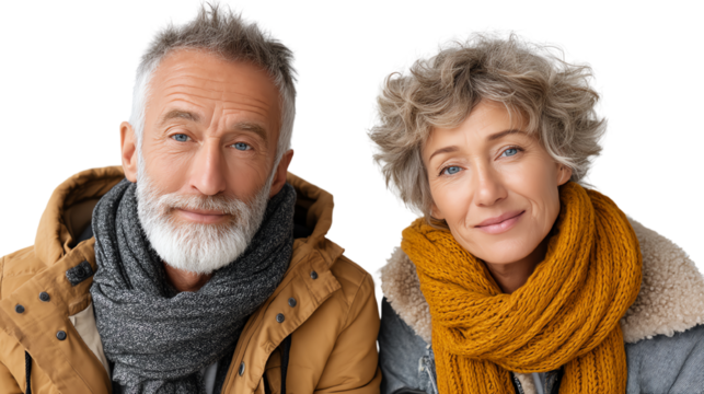 Joyful senior couple smiling, wearing cozy scarves and winter jackets, expressive faces, warm and inviting atmosphere.