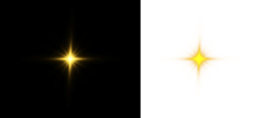 PNG yellow sparkle and star beam with white starlight twinkle, galaxy glow and transparent night background, PNG 16-bit magic flash with fantasy shimmer and space light celebration explosion.