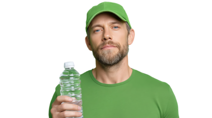 Man in green shirt holding a water bottle, smiling with confidence, isolated on white background.