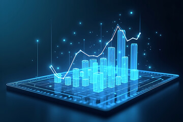 A holographic table that visualizes future revenue, expenses, and break-even points through predictive AI, with animated 3D graphs. AI-generated