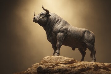Powerful bull sculpture standing on a rocky outcrop.