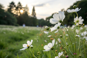 White cosmos flower in the garden with sunset time