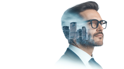 Professional man with glasses and double exposure effect, urban skyline blended with his profile.
