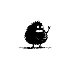 Whimsical furry creature with googly eyes waving on a white background