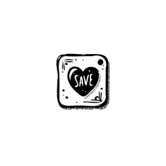 Stylized monochrome illustration of a square frame with a heart containing save