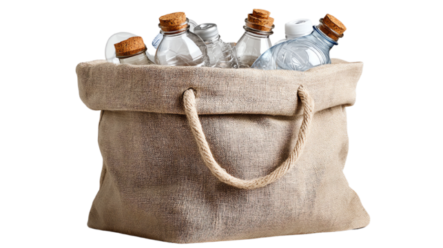 Reusable burlap bag filled with glass bottles, promoting eco-friendly practices and sustainability.
