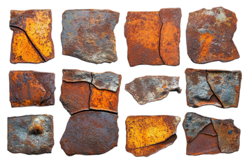 Rusty metal textures arranged in a grid, showcasing a variety of colors and patterns, ideal for design projects.