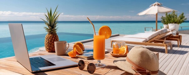 Work remotely at a tropical paradise with refreshing drinks and serene views