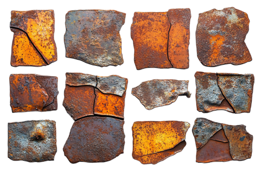 Rusty metal textures arranged in a grid, showcasing a variety of colors and patterns, ideal for design projects.