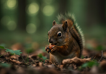 Obraz premium Adorable Red Squirrel Enjoying a Nut in a Lush Forest Setting