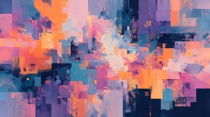 Colorful abstract painting with geometric shapes evokes urban atmosphere