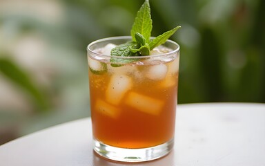 Refreshing Brown Cocktail with Mint by the Ocean. High quality
