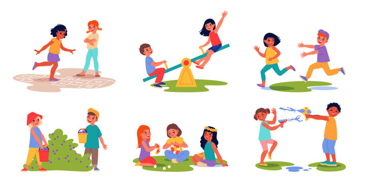 Summer day playground. Happy children play outdoor, different kids games, open air funny activities, catch up, hopscotch, water guns, picking berries classy vector cartoon isolated set - Powered by Adobe