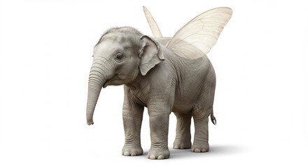 Fototapeta premium Cute baby elephant magically sprouts delicate wings against bright white background. AI Generated
