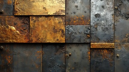 Abstract textures of metal, wood, and stone collide and interact, creating a visually interesting surface with varying degrees of roughness, smoothness, and sheen