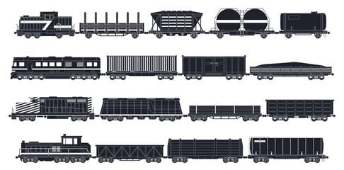 Goods trains icons. Black silhouettes locomotives, wagons, cisterns, railway transport with containers for oil, sand and wood, cargo service, different freight, isolated nowaday vector set © YummyBuum