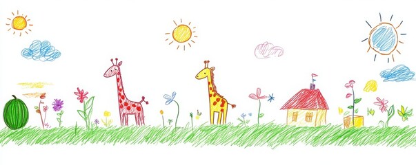 Fototapeta premium Naive children's chalk drawing of a giraffe with numbers, letters, rainbow, animals, and nature elements on a white background. Cute crayon-style doodle with pastel colors