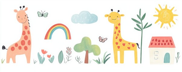 Obraz premium Naive children's chalk drawing of a giraffe with numbers, letters, rainbow, animals, and nature elements on a white background. Cute crayon-style doodle with pastel colors