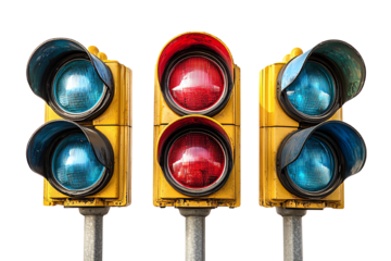 Three traffic lights in red, yellow, and green against a white background.