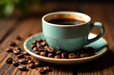 Ceramic blue cup with hot coffee and scattered coffee grains on dark brown wooden surface, blurred background. Copy space for text.