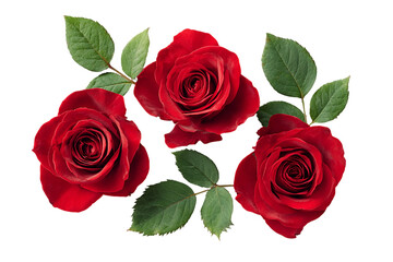 Three Red Roses with Green Leaves on Transparent Background, PNG