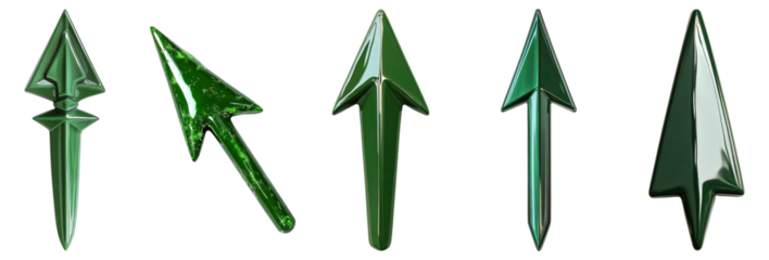 Five Unique Green Arrow Designs in Various Styles and Textures, Isolated on Transparent, white background