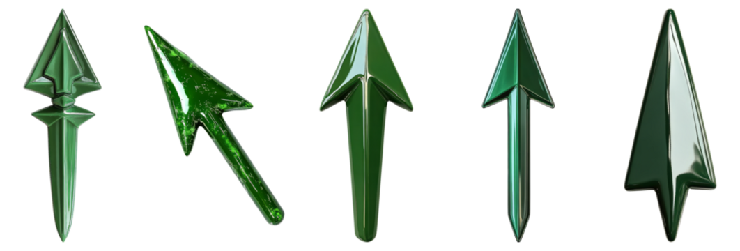 Five Unique Green Arrow Designs in Various Styles and Textures, Isolated on Transparent, white background